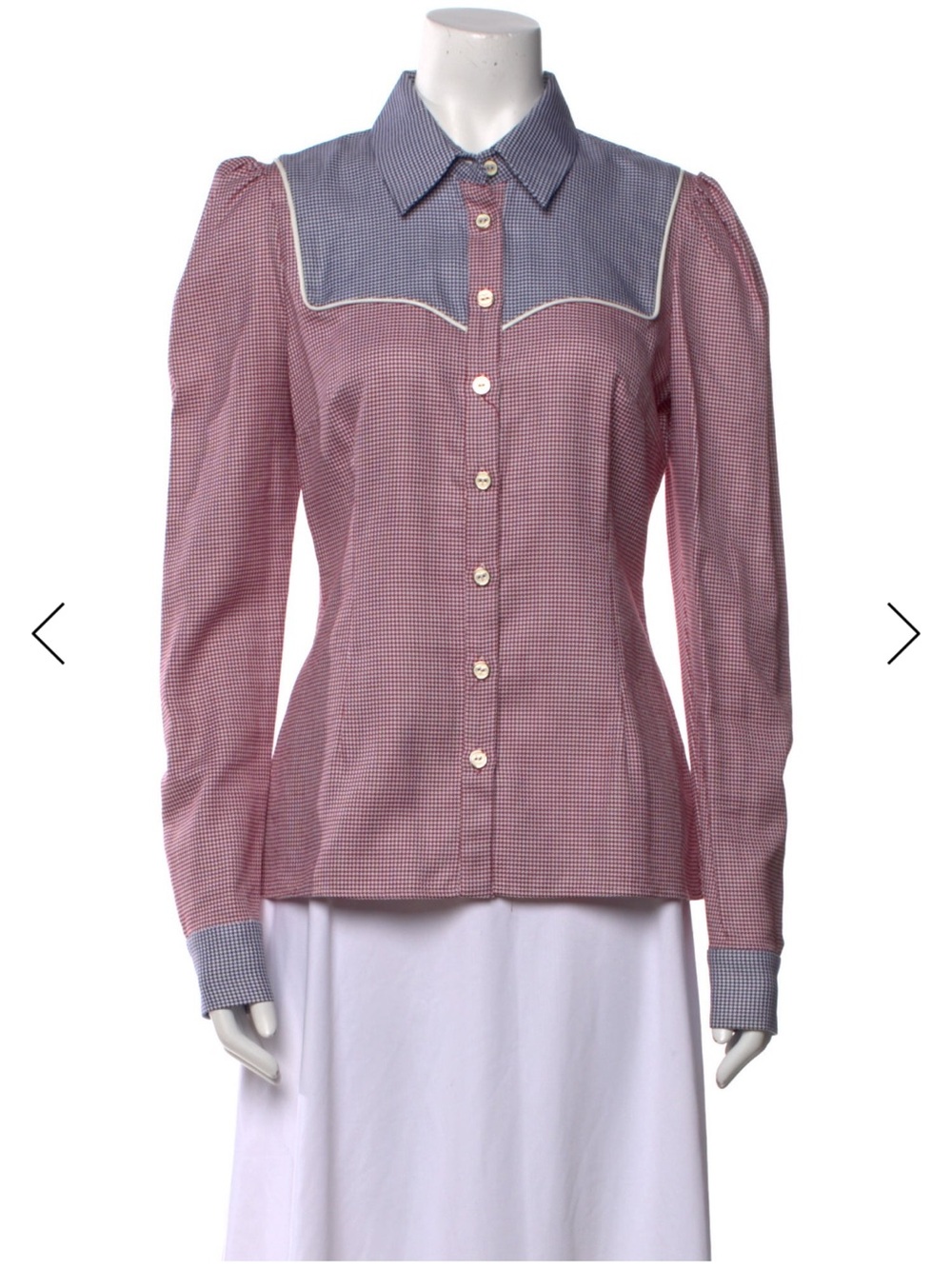 Caroline Constas Red Gingham Button-Up Shirt with Contrasting Navy Yoke